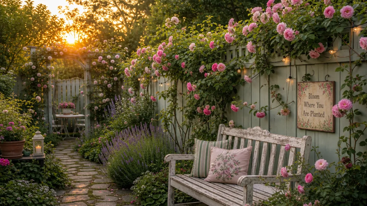 a charming backyard garden with a painted wooden fence covered in climbing…