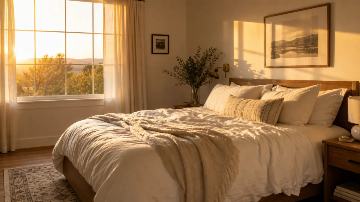 a warmly lit bedroom at golden hour with soft shadows and a…