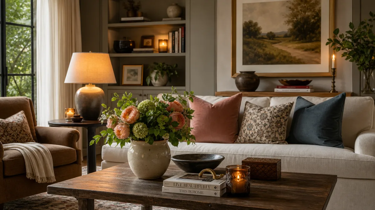 a styled living room with fresh flowers, neatly arranged cushions, warm lamp…
