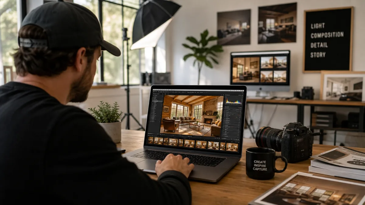 a photographer reviewing room photographs on a laptop screen in a bright…