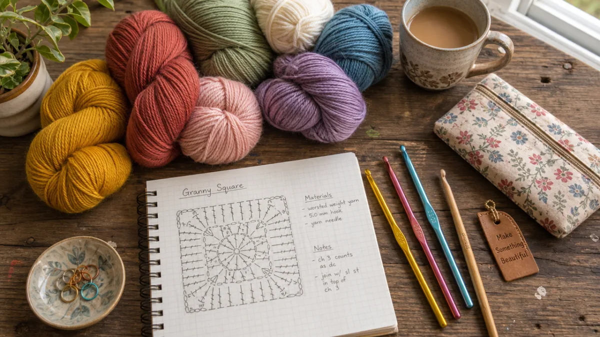 a flat lay of colorful yarn skeins, crochet hooks, and graph paper…