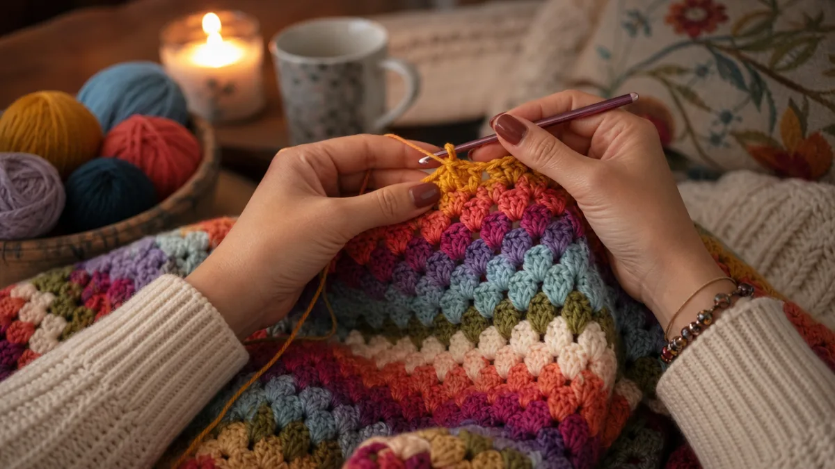 a woman's hands holding a vibrant multicolored crochet blanket mid-project, soft indoor…