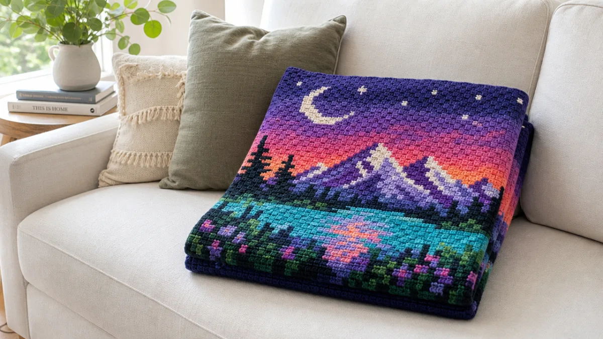 a neatly folded finished C2C crochet graphghan blanket with vivid pixel art…