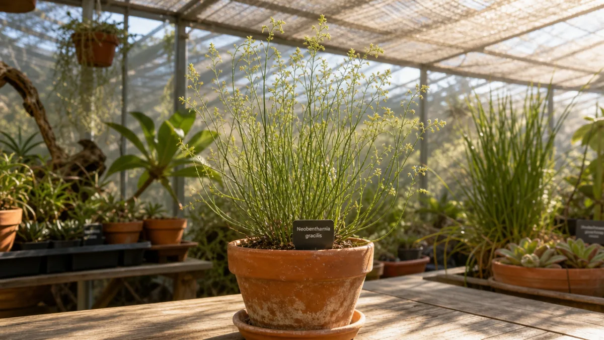 a Neobenthamia gracilis plant growing in a terracotta pot inside a bright…