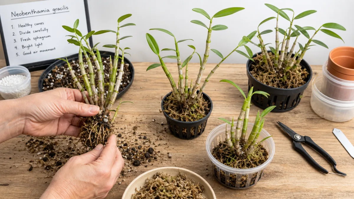 healthy Neobenthamia gracilis canes being carefully divided and repotted on a wooden…