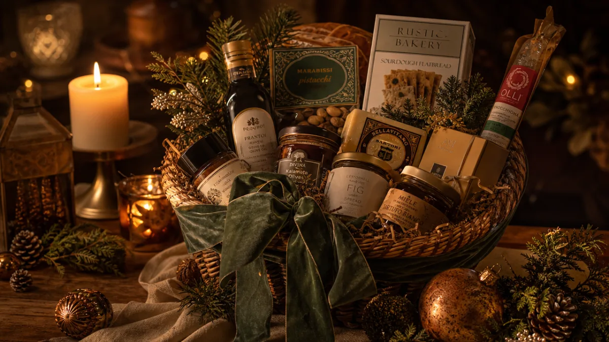an artfully styled holiday gift basket filled with gourmet ingredients and wrapped…