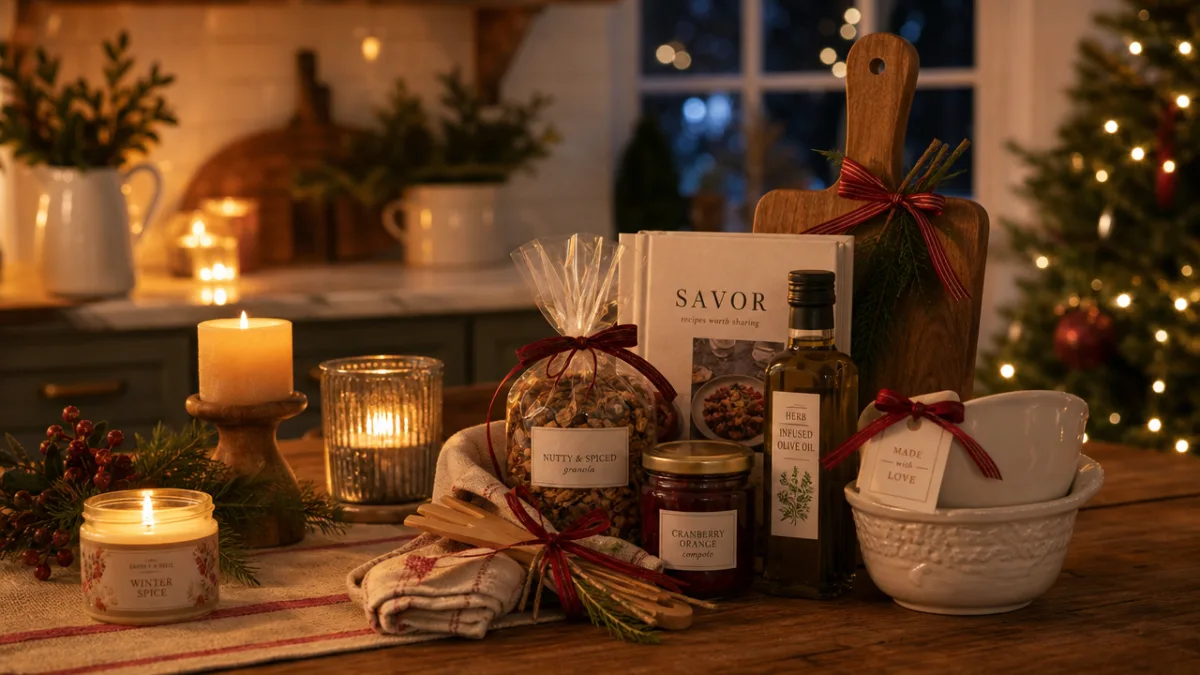 a warm holiday kitchen table with candles glowing and wrapped culinary gifts…