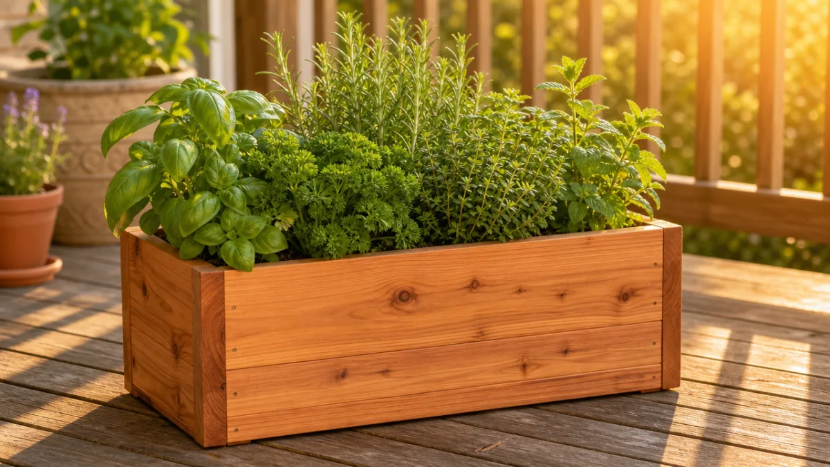 a finished cedar box planter filled with lush green herbs on a…