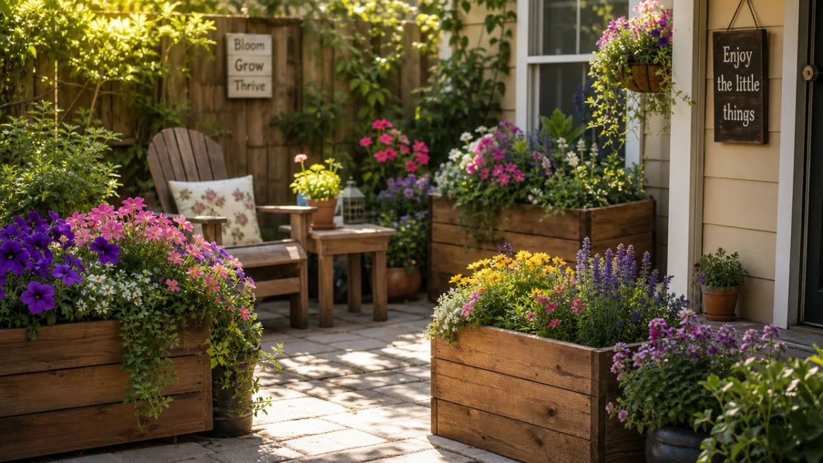 a cozy garden patio with multiple handmade wooden planters overflowing with colorful…
