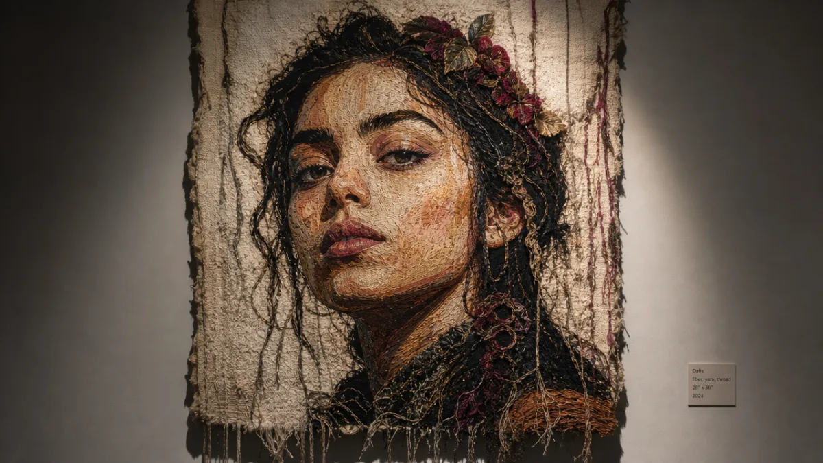 a detailed fiber art portrait mounted on gallery wall, dramatic spotlighting creating…