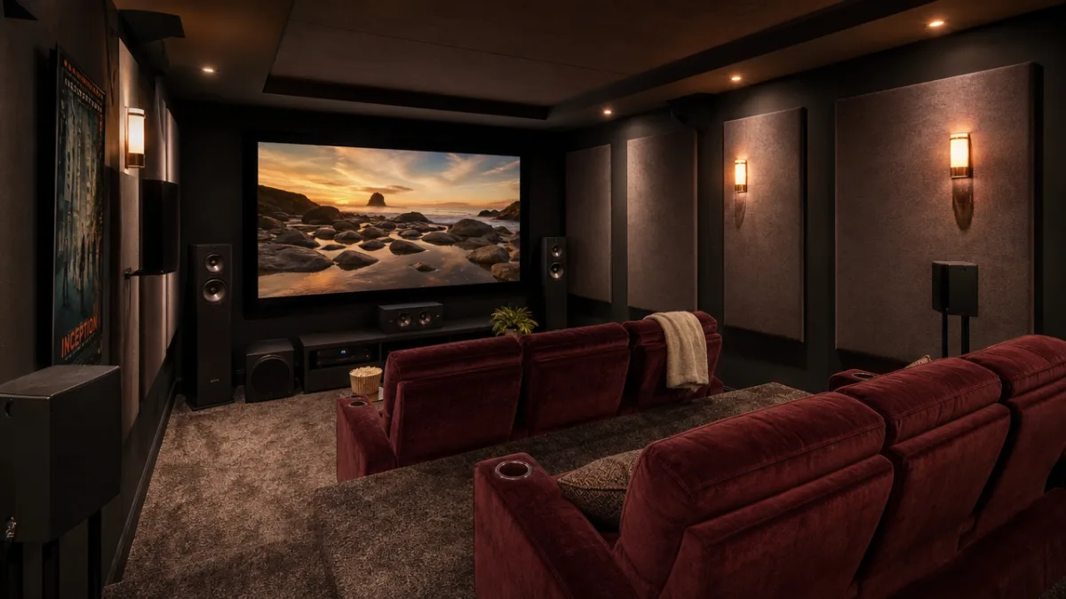 a small home theatre room with fabric acoustic panels on dark walls,…