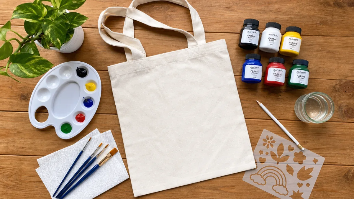 a flat lay of tote bag painting supplies on a wooden table,…