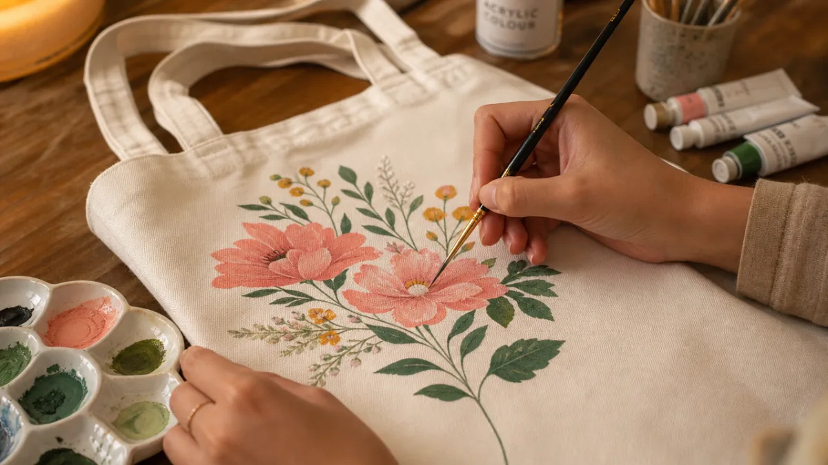hands carefully painting floral details onto a white canvas tote bag, warm…