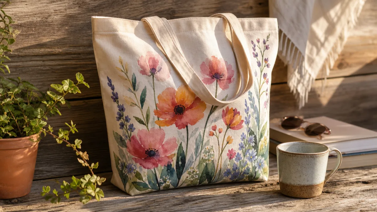 a finished painted tote bag displayed on a rustic wooden surface, soft…