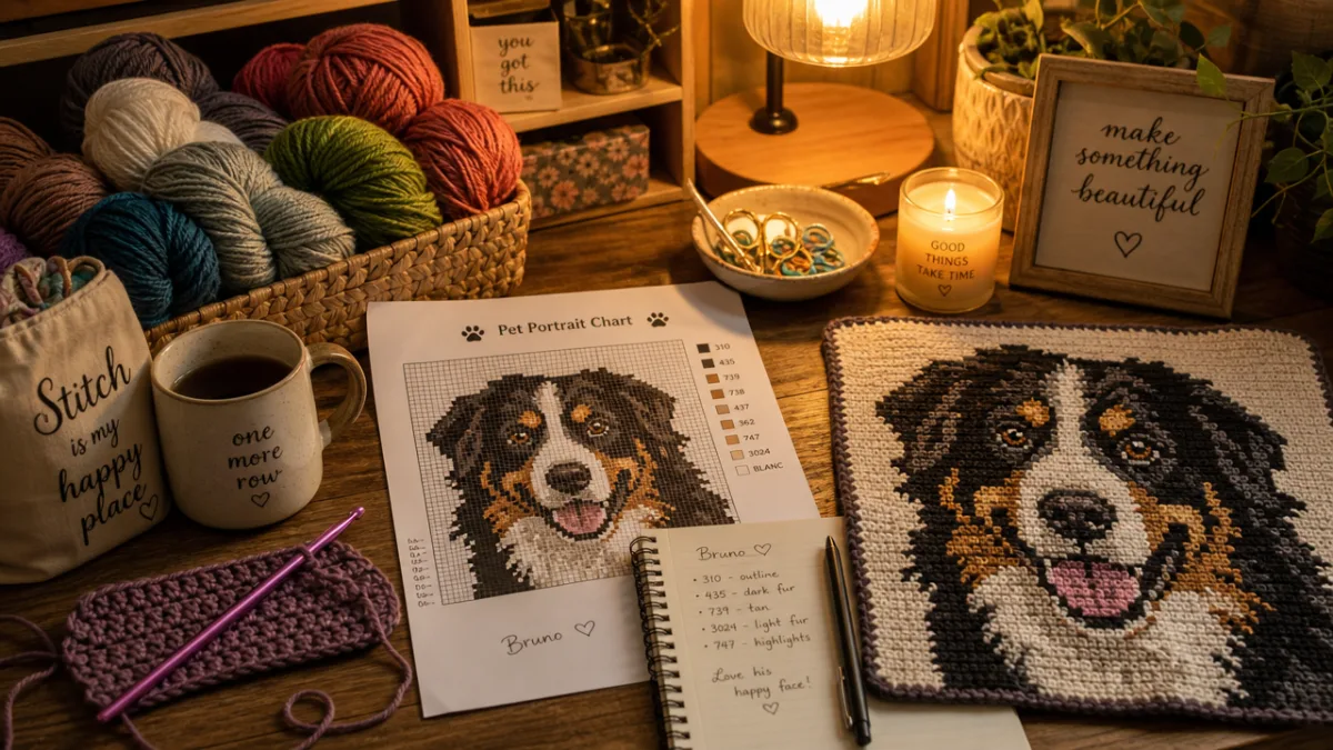 a cozy crafting workspace with colorful yarn skeins, a crochet hook, and…