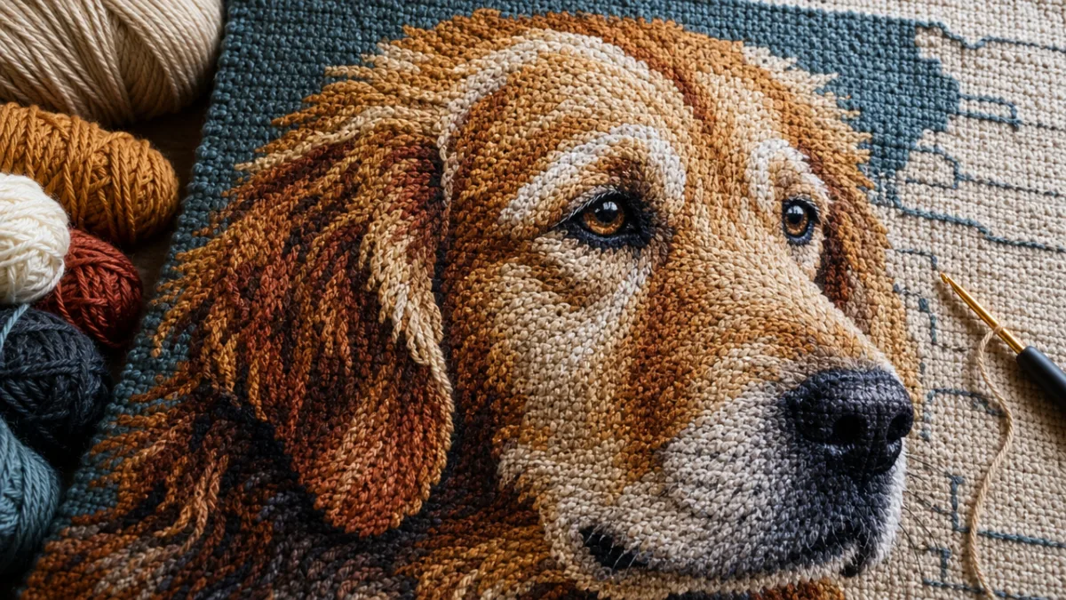 a close-up of a detailed crochet tapestry dog portrait in progress showing…