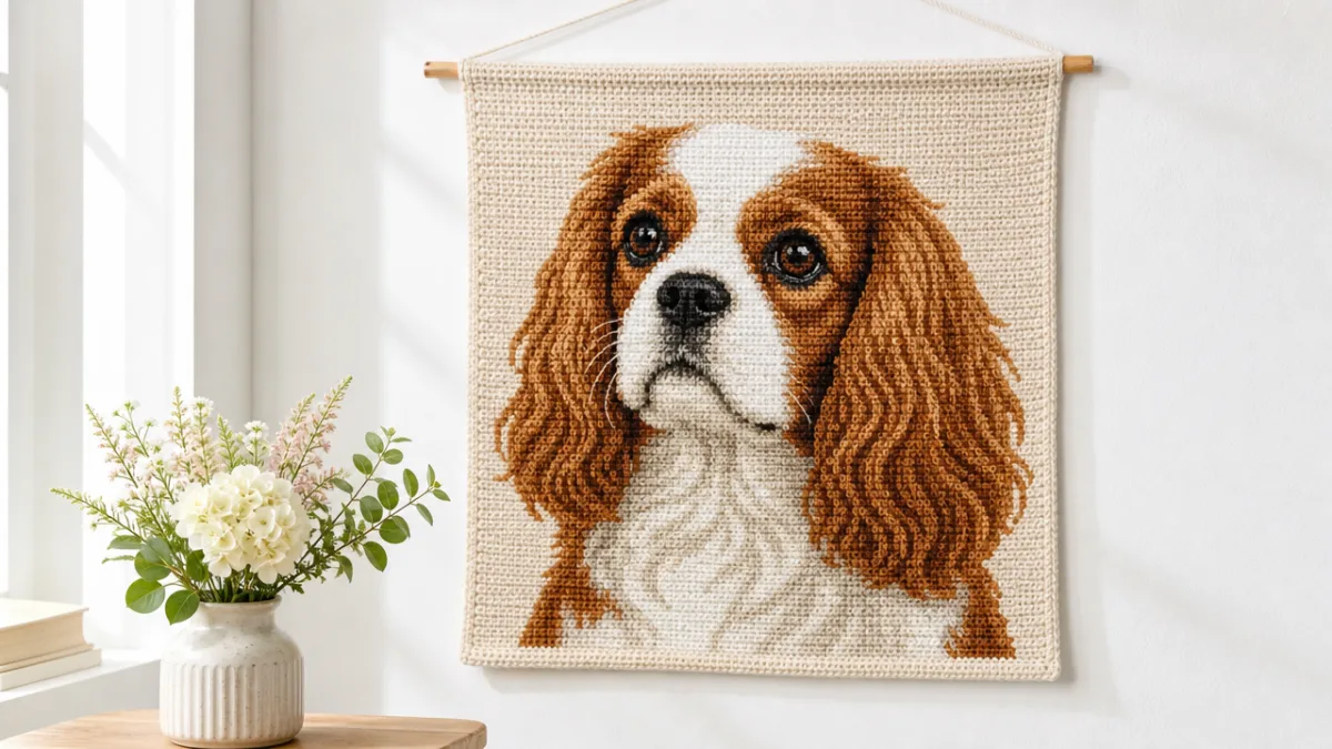 a finished crochet Cavalier King Charles Spaniel tapestry portrait displayed on a…