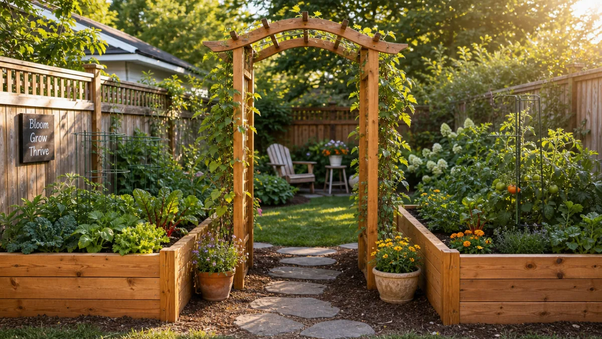 a sunny backyard garden with two cedar raised beds and a wooden…