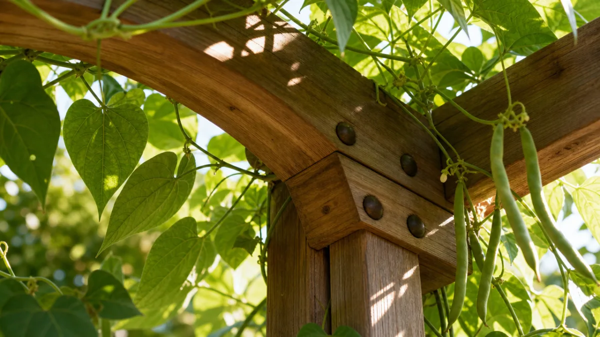 close-up of a wooden arch trellis joint with climbing bean plants, dappled…