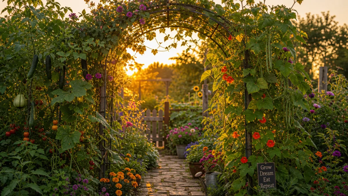 a lush garden arch trellis covered in climbing vegetables and flowering vines,…