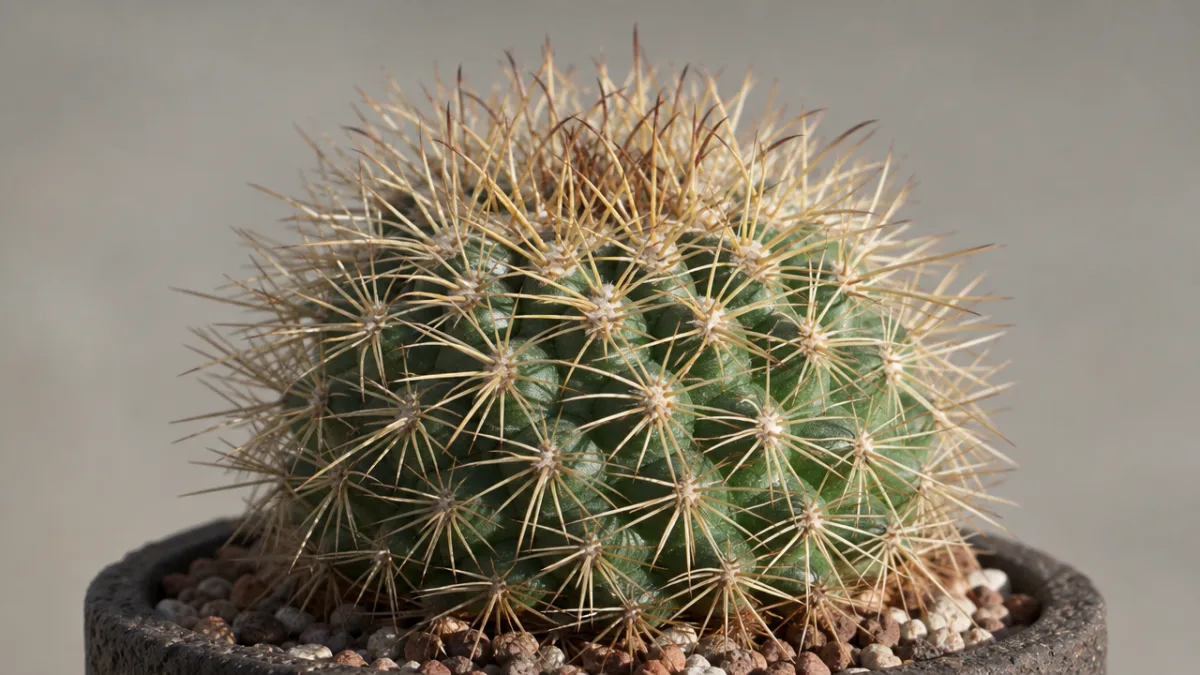 a close-up photorealistic image of a Neoporteria odieri cactus showing dense spines…