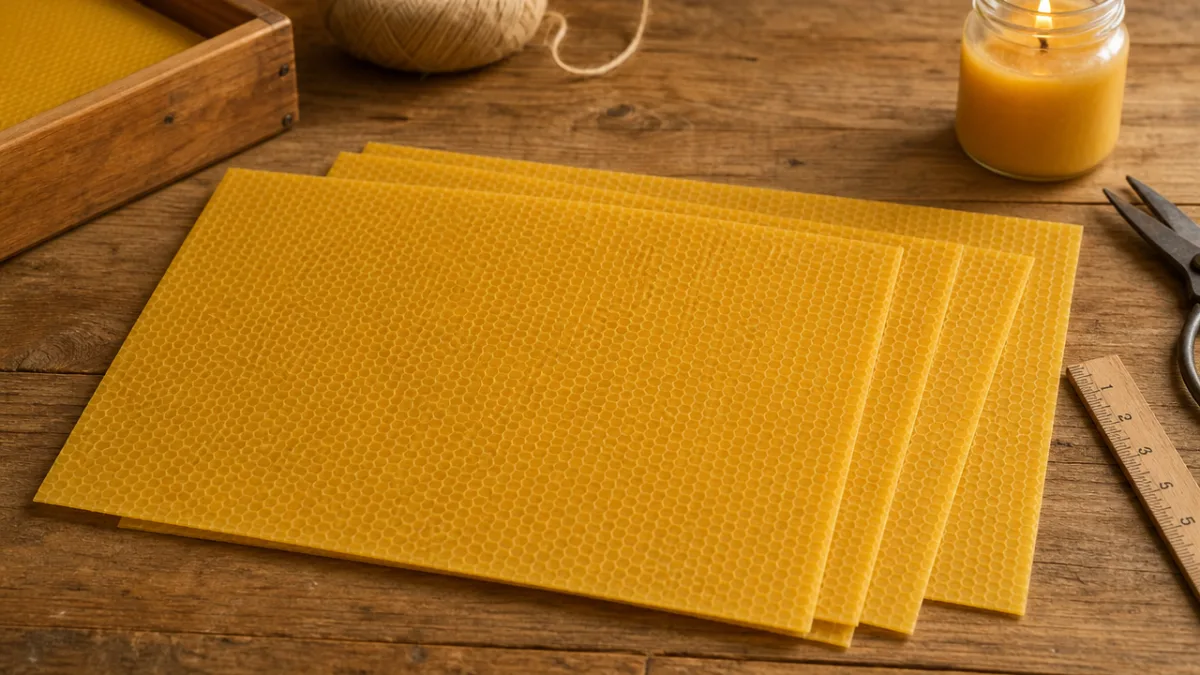 flat beeswax sheets in warm honey tones laid on a wooden crafting…