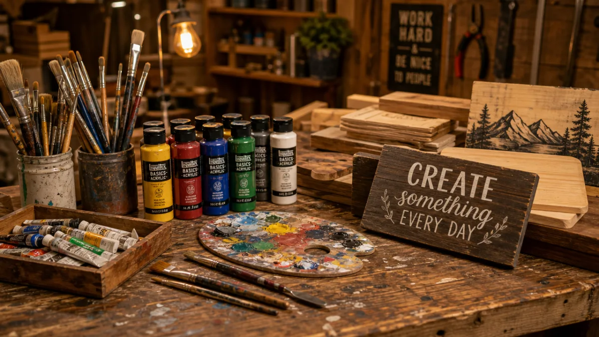 a rustic wooden crafting table covered with paint brushes, wood boards, and…