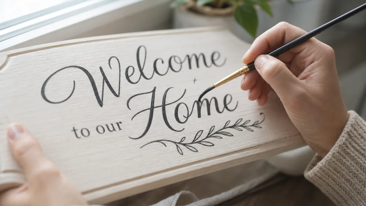 close-up of hands carefully painting elegant script lettering onto a pale wood…