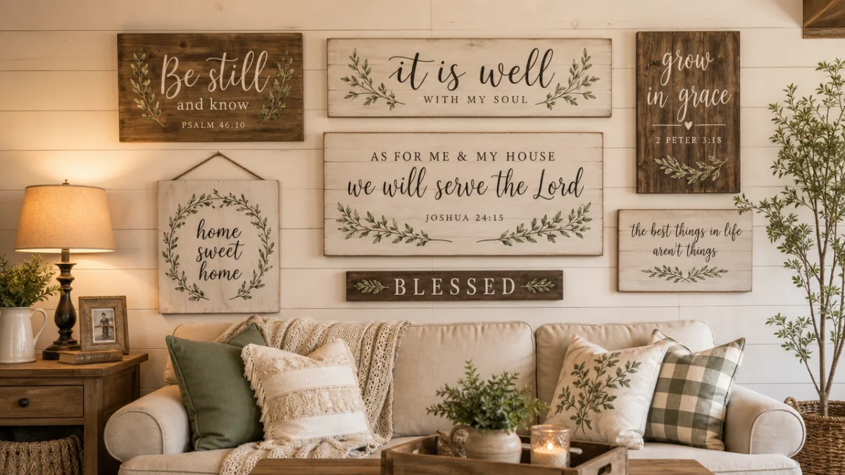a warmly lit farmhouse living room wall displaying multiple handcrafted wood signs…