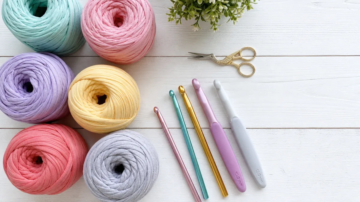 a flat lay of colorful t-shirt yarn balls, crochet hooks, and scissors…
