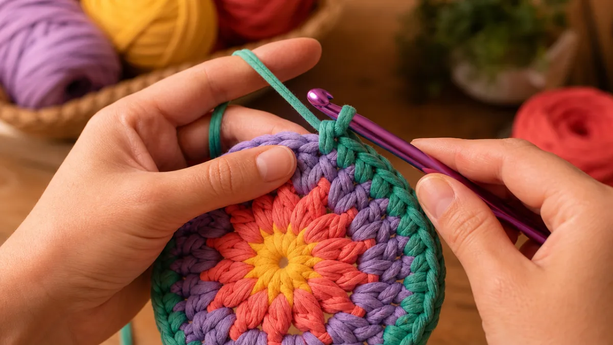 hands crocheting a round motif from colorful t-shirt yarn, warm studio lighting…