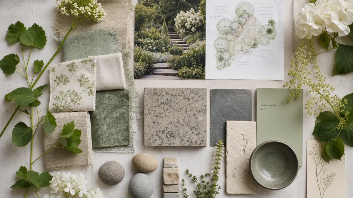 a beautifully styled garden mood board flat lay with fabric swatches, plant…