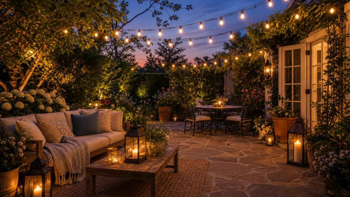 a garden patio illuminated by warm string lights and candle lanterns at…
