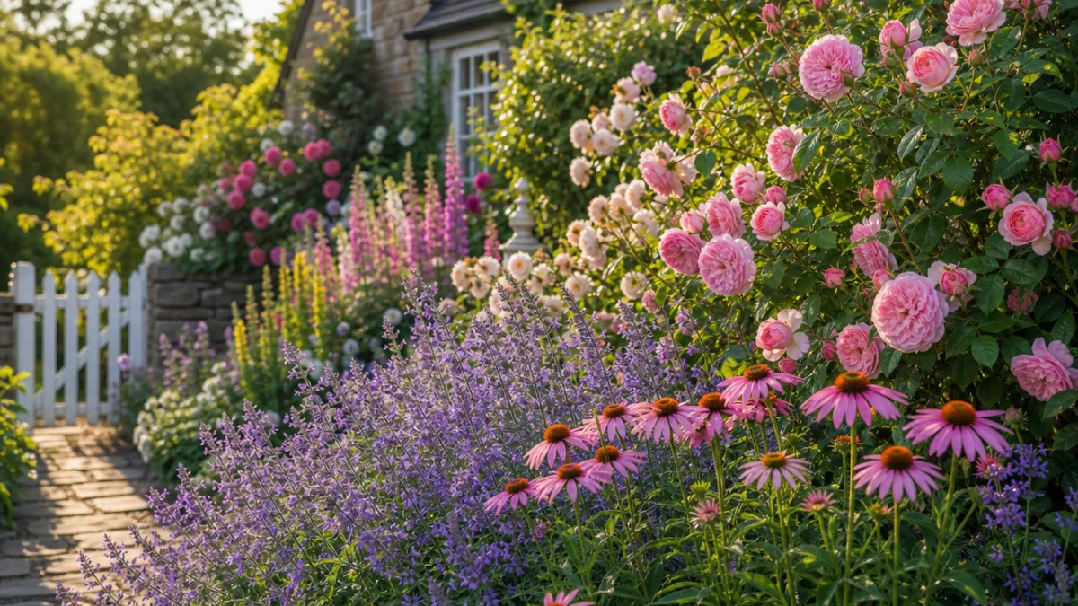a lush cottage garden border with roses, purple catmint, and coneflowers in…