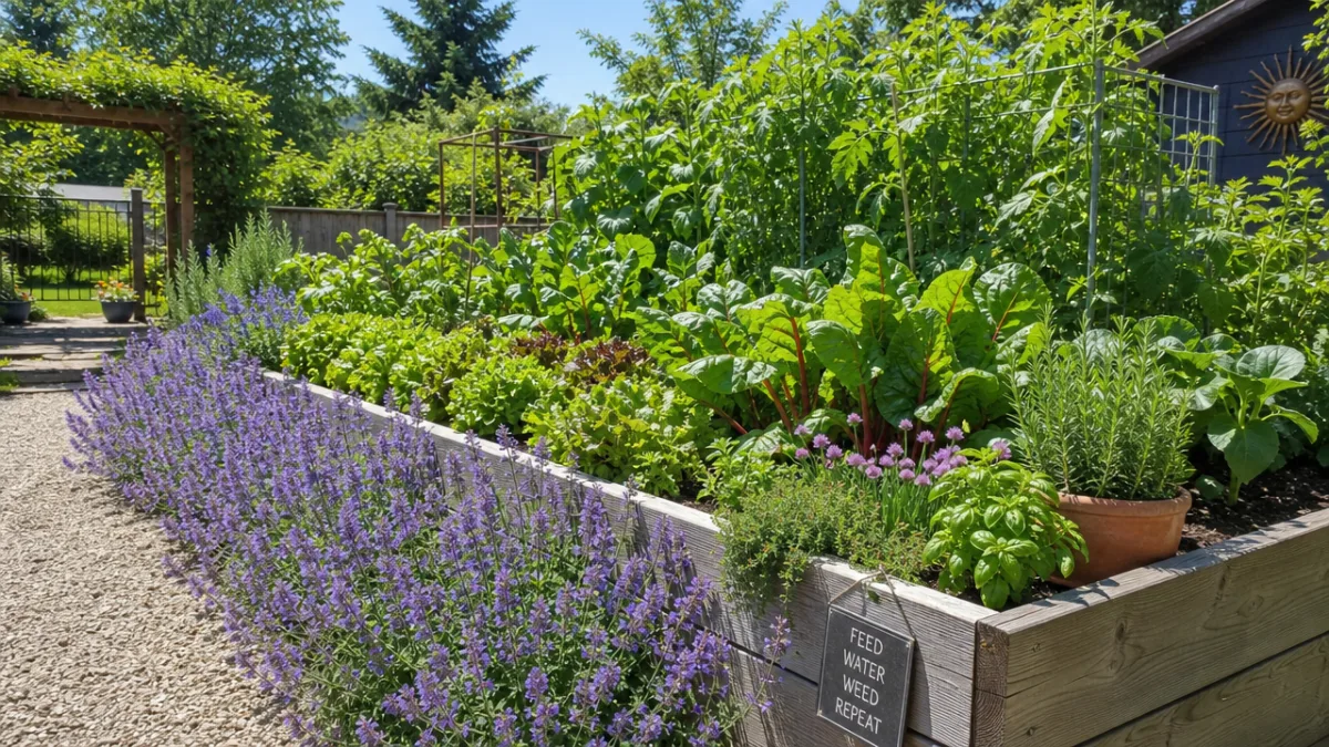 a thriving raised vegetable garden edged with purple catmint and herbs in…