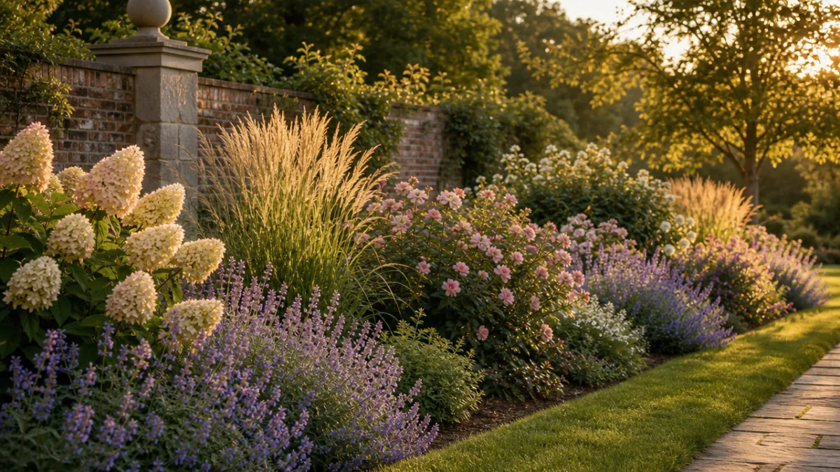 a formal garden border with flowering shrubs, ornamental grasses, and catmint in…