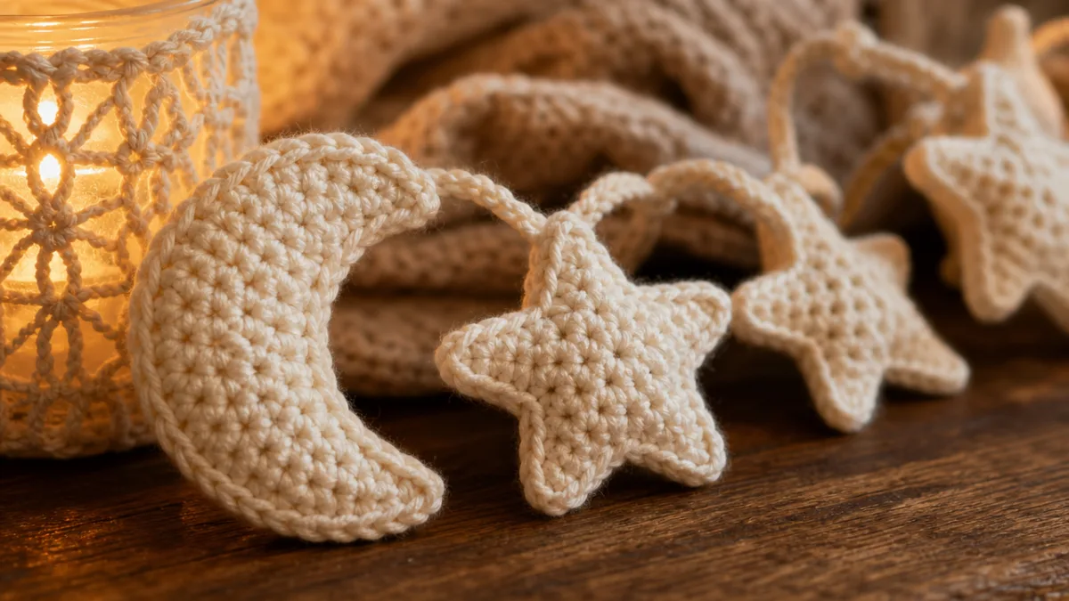 a close-up of handmade crochet moon and star garland elements in soft…