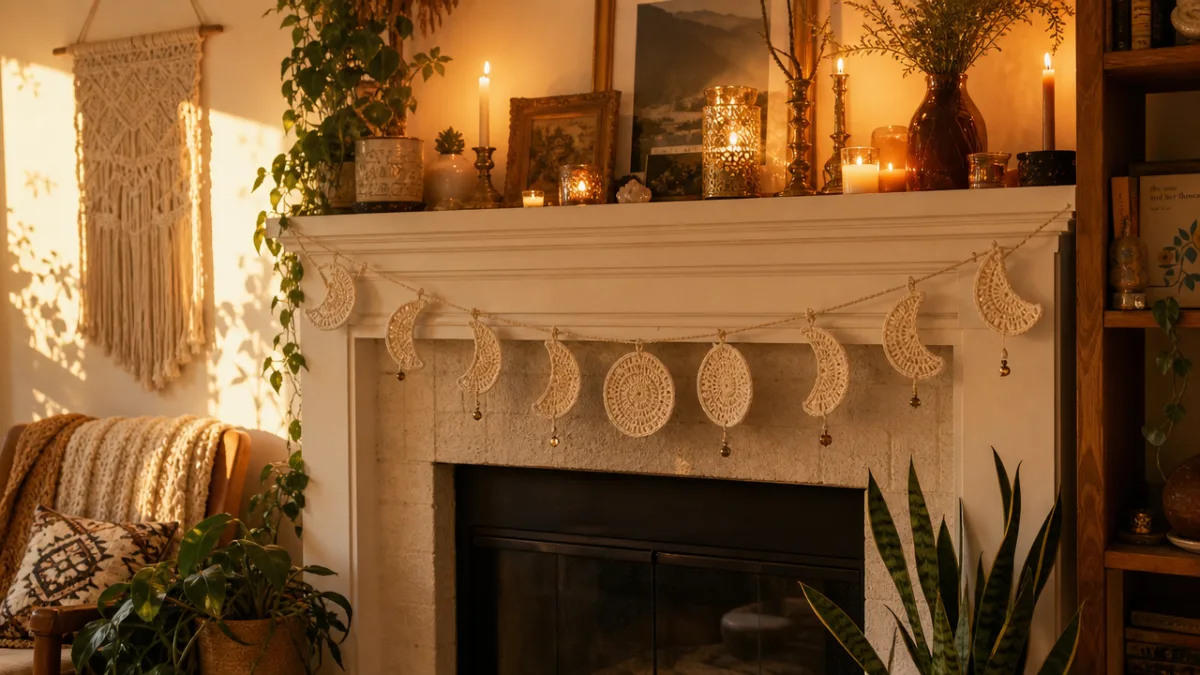 a cozy bohemian living room mantelpiece decorated with a crochet moon garland…