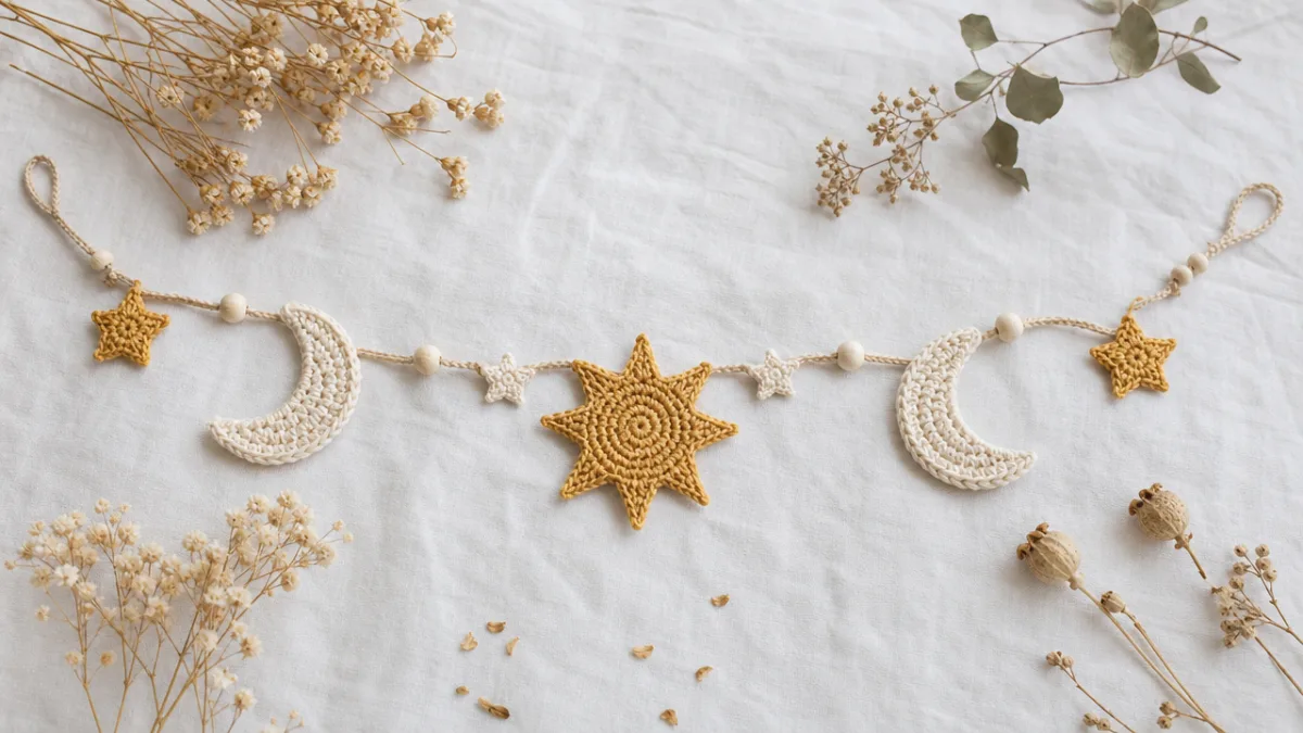 flat lay of a crochet celestial garland displayed on white linen fabric…