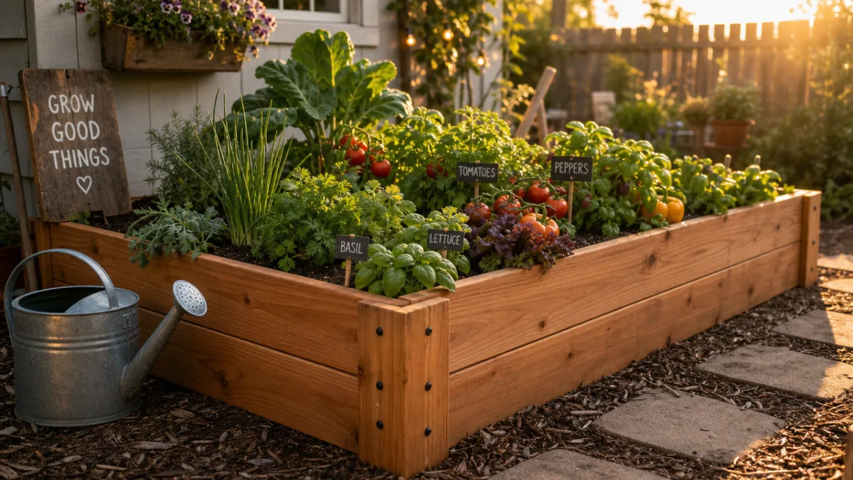 a charming DIY raised garden bed built from cedar wood, filled with…