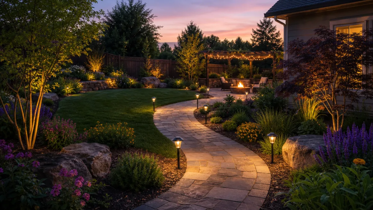 a beautifully landscaped backyard at dusk with glowing solar path lights lining…