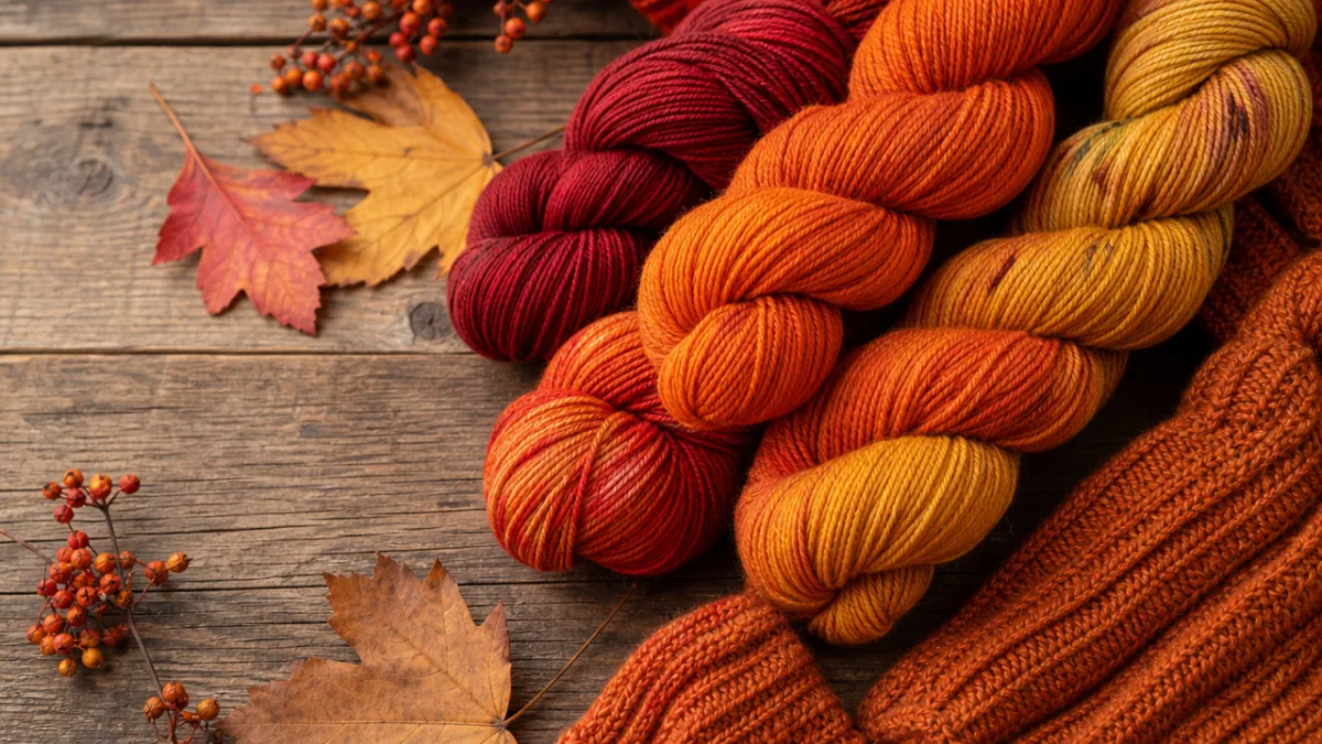 a warm flat lay of colorful autumn yarn skeins in orange, red,…