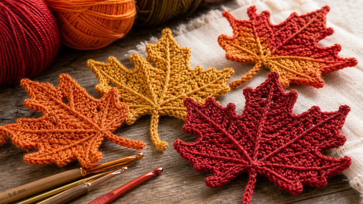 a detailed close-up of crocheted maple leaves in autumn colors with crochet…