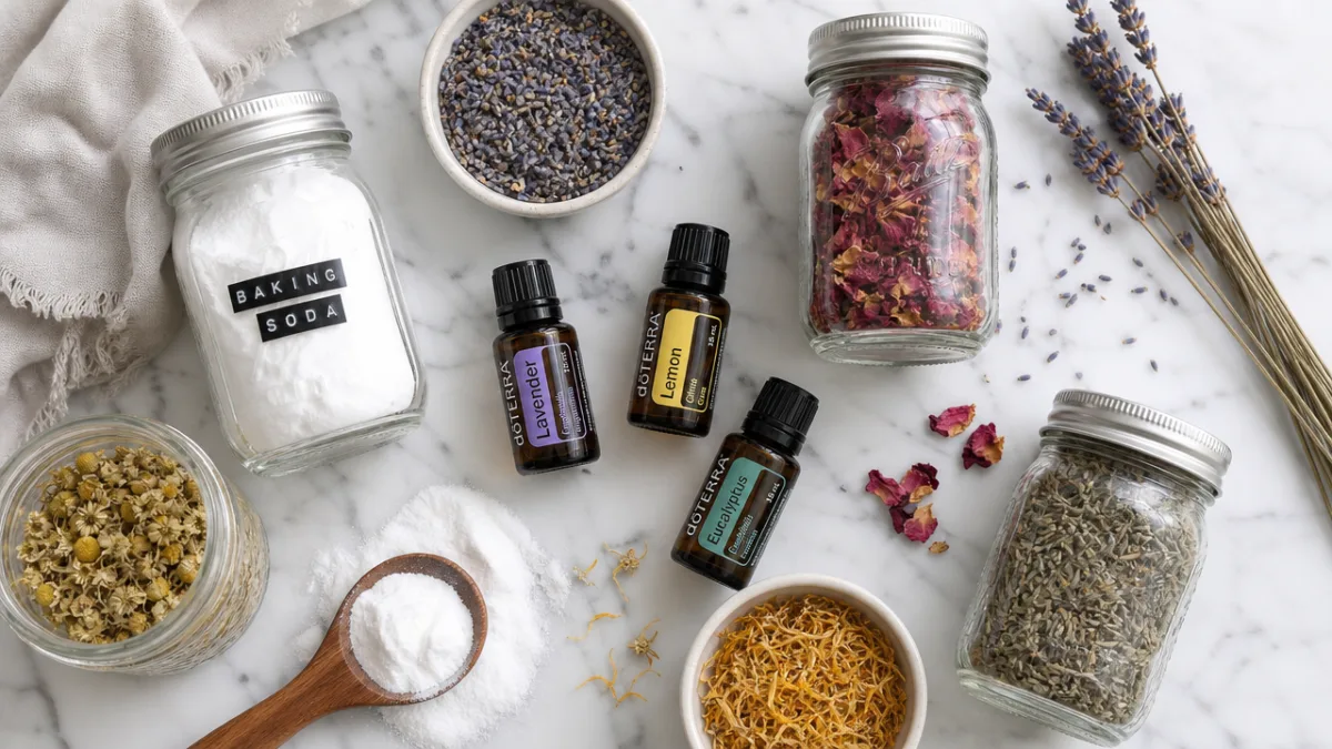 overhead flat lay of mason jars, essential oil bottles, dried botanicals, and…
