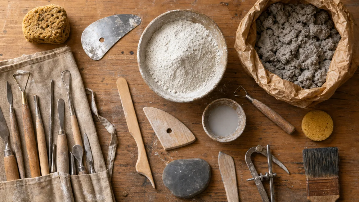 an overhead flat-lay of sculpting tools, white Portland cement, and paper pulp…