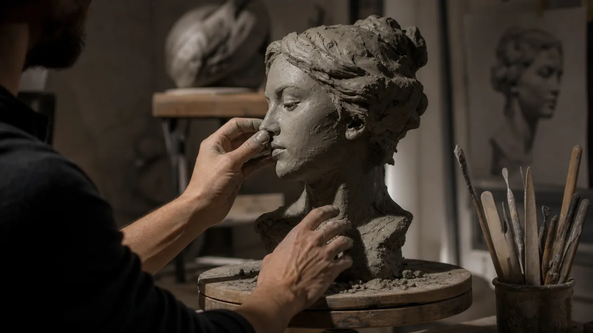an artist's hands shaping a cement clay sculpture on a wooden turntable,…