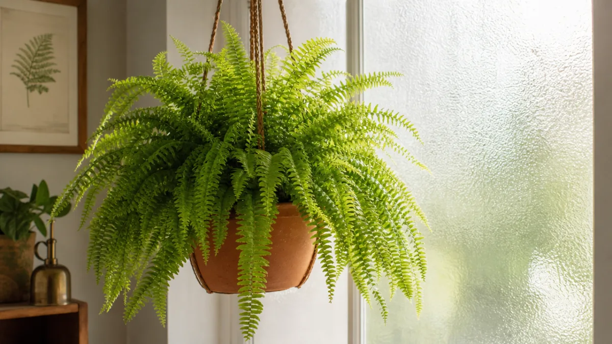 a lush Boston fern in a terracotta hanging basket near a bright…