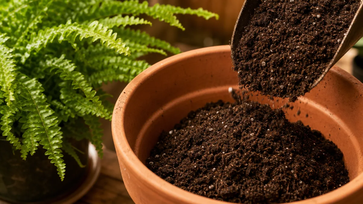 close-up of rich dark potting soil being added to a terracotta pot…