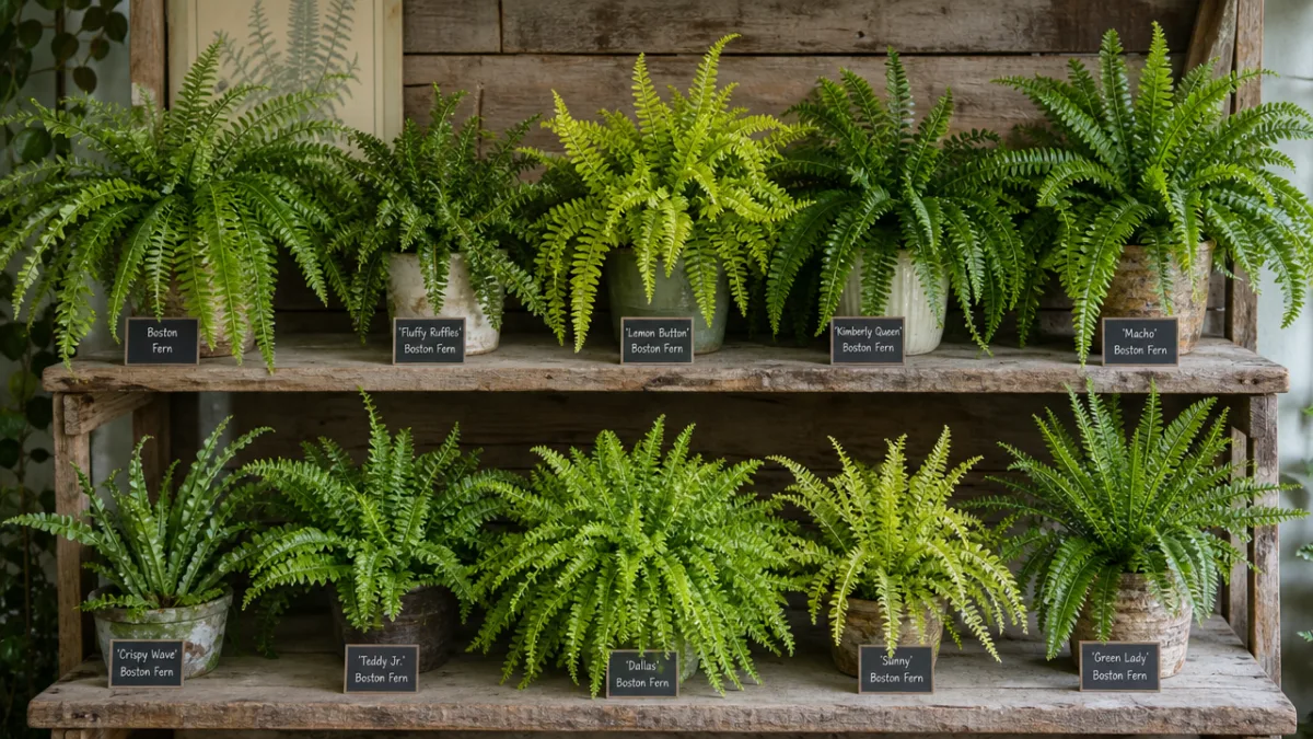 an array of different Boston fern varieties displayed on rustic wooden shelves,…