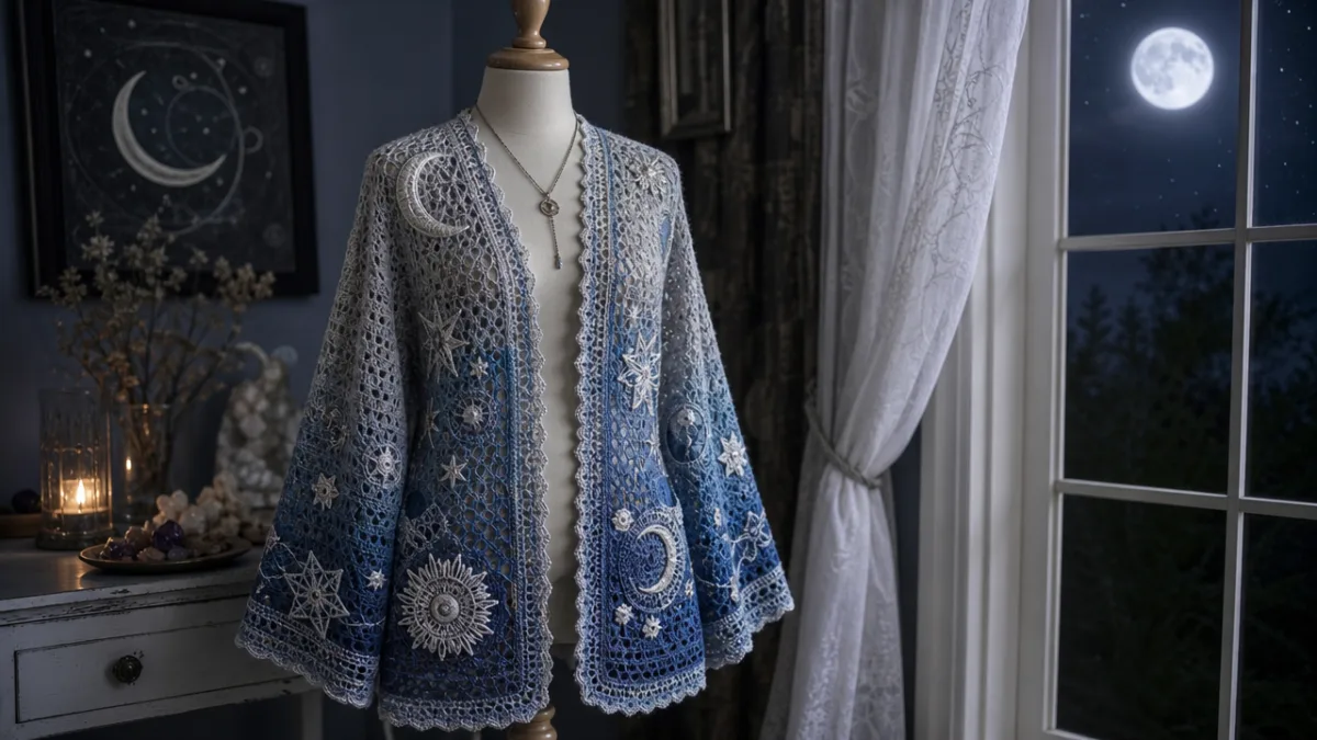 a finished celestial crochet cardigan displayed on a wooden mannequin near a…